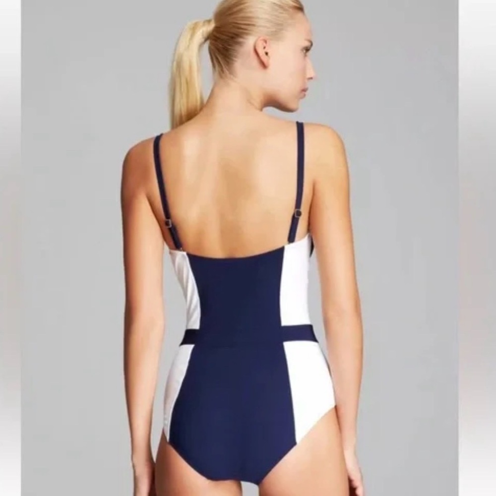 Tory Burch Swim Lipsi Colorblock Navy White Bandeau One-Piece Swimsuit Size M - Picture 2 of 10